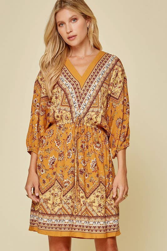 Fit and Flare Print Dress - Mustard