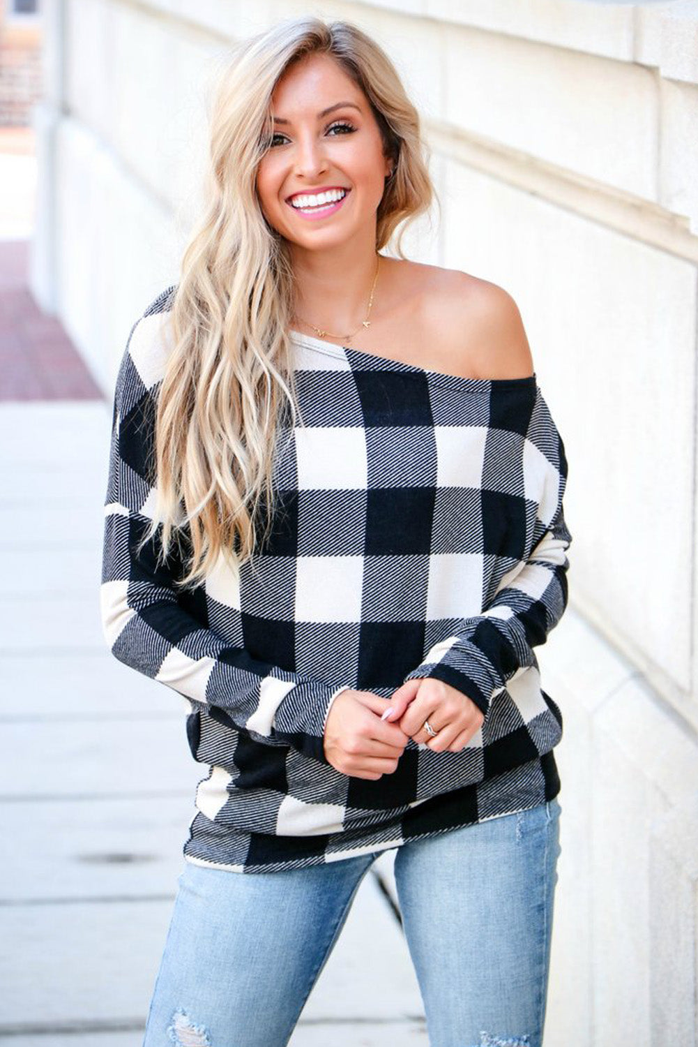 Black and white checkered off the shoulder clearance top