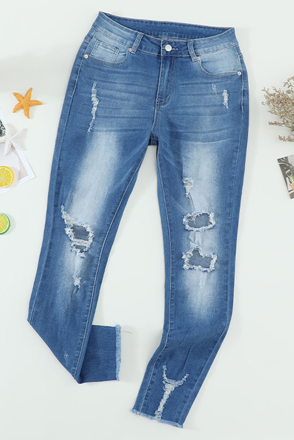 Distressed and Faded Mid High Rise Jeans
