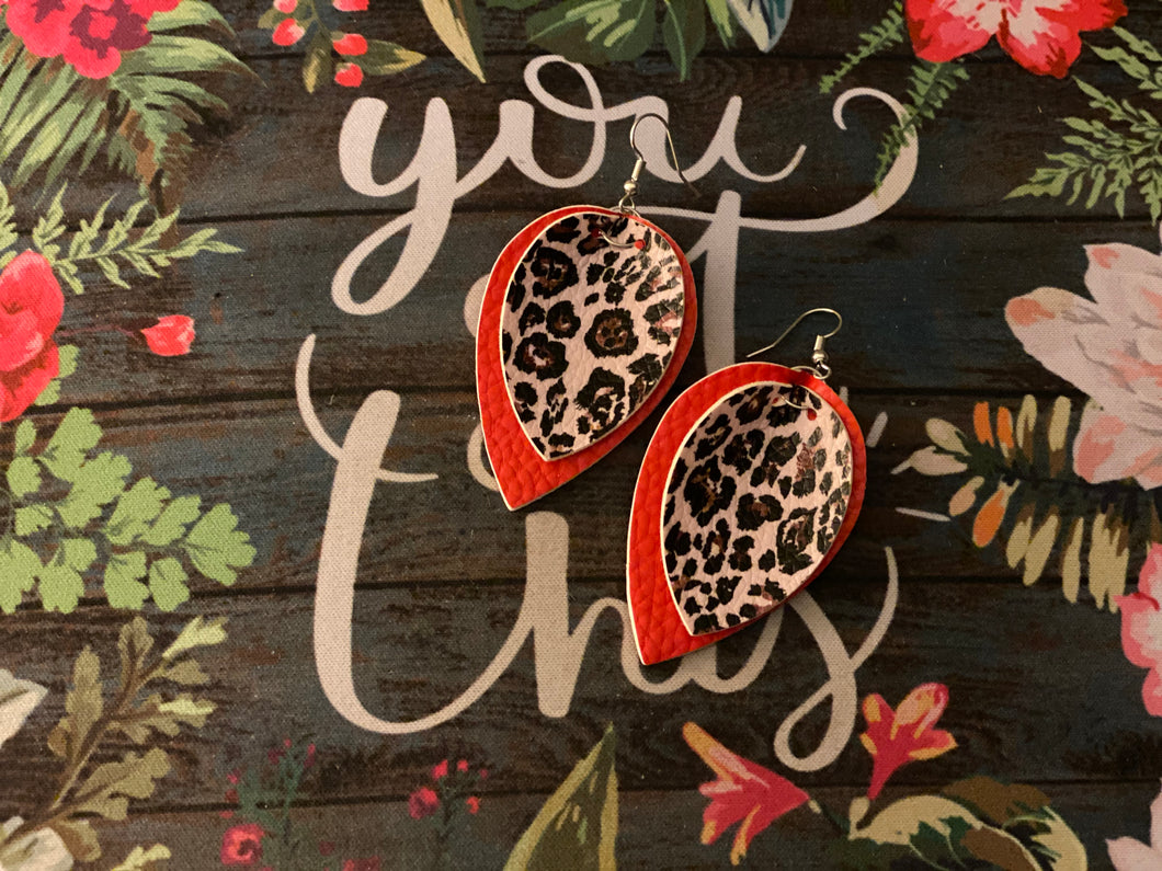 Red and Leopard Layered Earrings