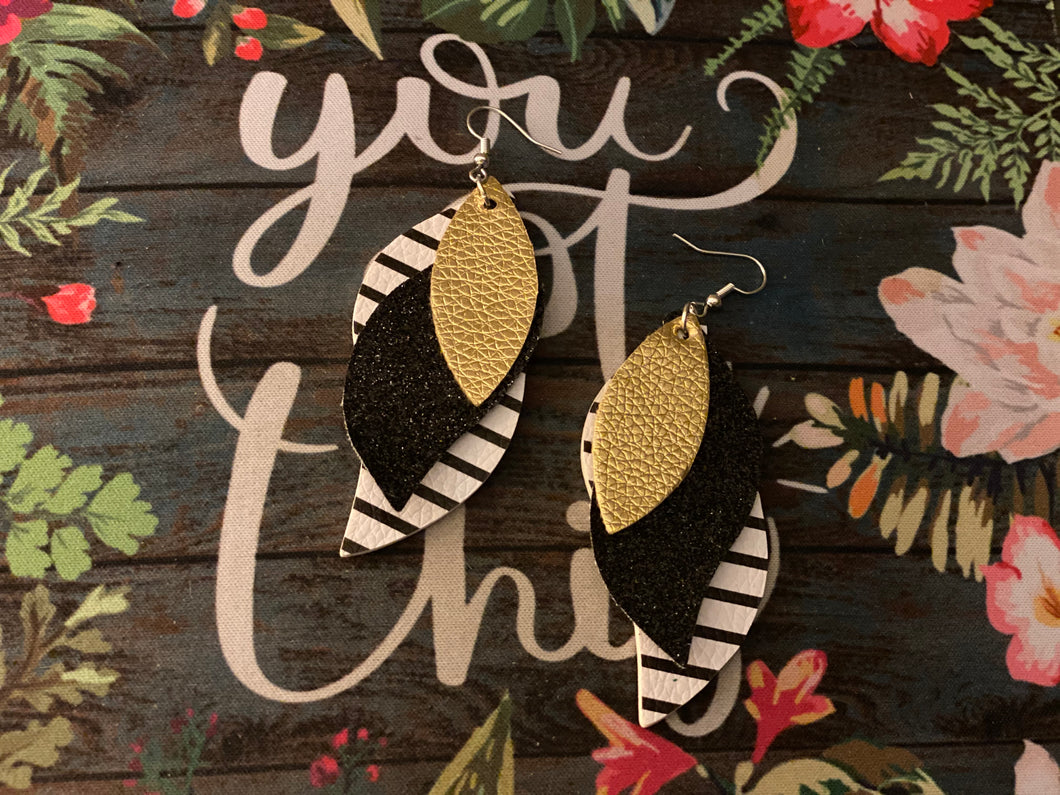 Gold, Black Sparkle and Striped Layered Earrings